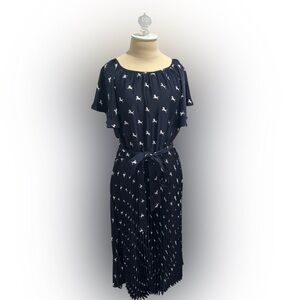 Navy Dress with White Pony Print, pleated skirt, Waist Tie Women’s Medium